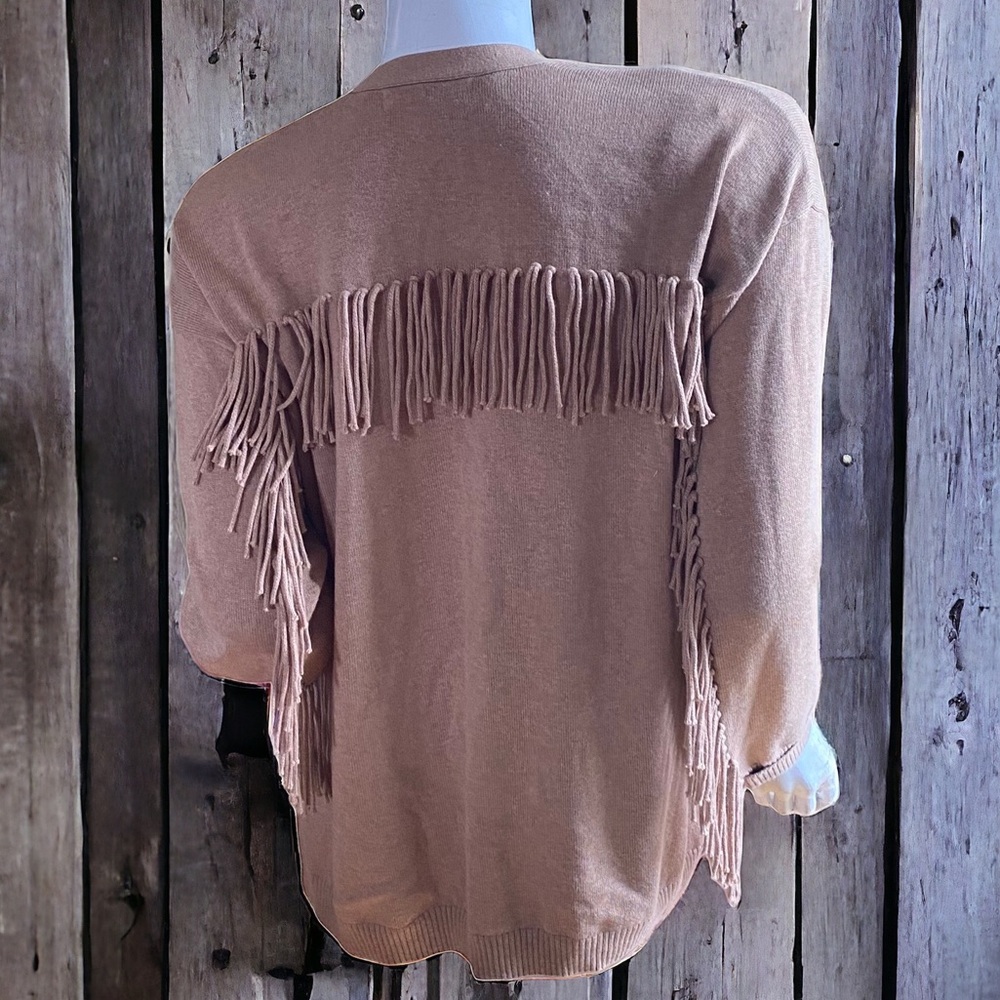 ❄️ 50% off winter Decker Luxe  tan open front fringe sleeve cardigan sweater S